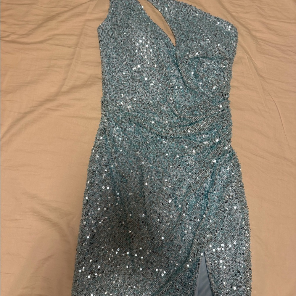 One-Shoulder Sequin Evening Gown in Light Aqua - Picture 4 of 6